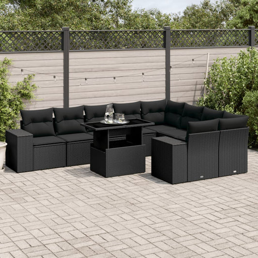 10 pcs conjunto sofás de jardim c/ almofadões vime PE preto