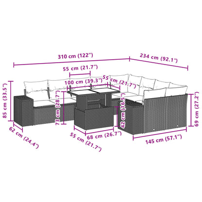 10 pcs conj. sofás jardim com almofadões vime PE cinzento-claro