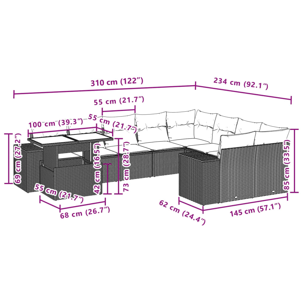 10 pcs conjunto de sofás p/ jardim com almofadões vime PE bege