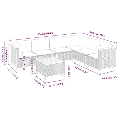 7 pcs conjunto de sofás p/ jardim com almofadões vime PE bege