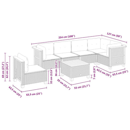7 pcs conjunto de sofás p/ jardim com almofadões vime PE bege