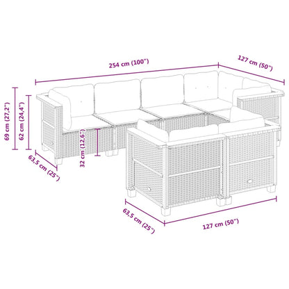 7 pcs conjunto de sofás p/ jardim com almofadões vime PE bege