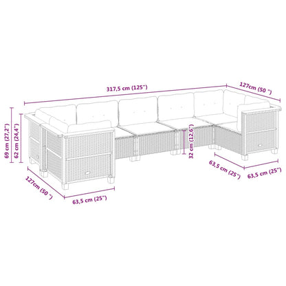 7 pcs conjunto de sofás p/ jardim com almofadões vime PE bege