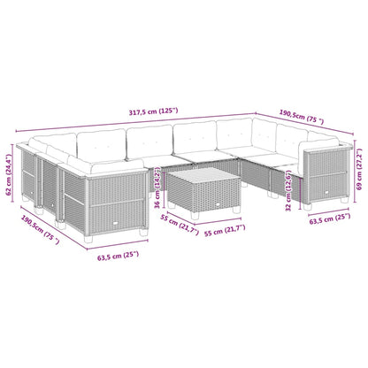 10 pcs conjunto sofás de jardim c/ almofadões vime PE preto