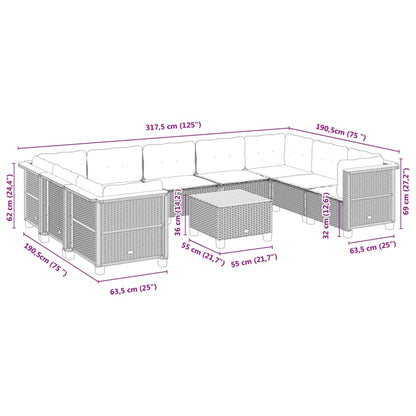 10 pcs conjunto sofás de jardim c/ almofadões vime PE cinzento
