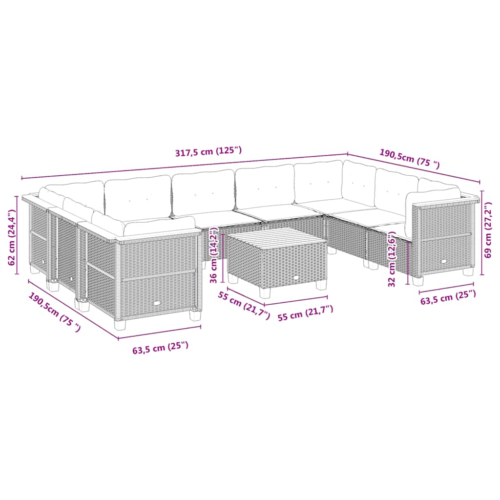 10 pcs conjunto de sofás p/ jardim com almofadões vime PE bege