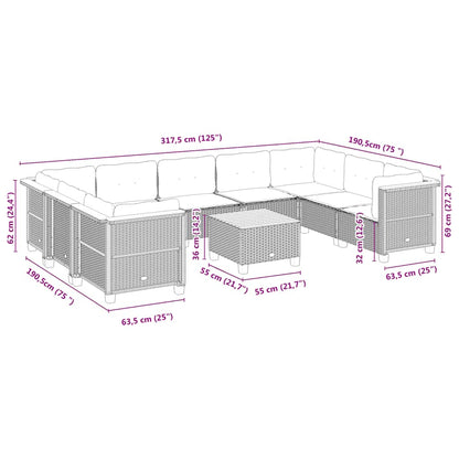 10 pcs conjunto de sofás p/ jardim com almofadões vime PE bege
