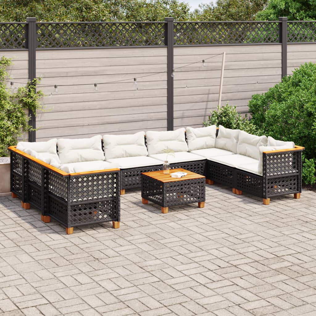 10 pcs conjunto sofás de jardim c/ almofadões vime PE preto
