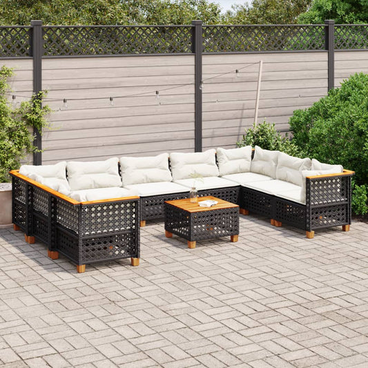 10 pcs conjunto sofás de jardim c/ almofadões vime PE preto