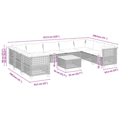 10 pcs conjunto sofás de jardim c/ almofadões vime PE cinzento