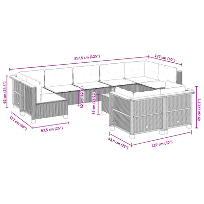 10 pcs conjunto sofás de jardim c/ almofadões vime PE preto
