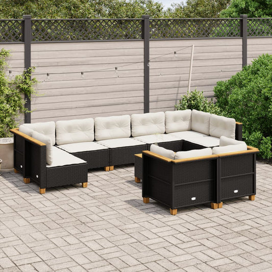 10 pcs conjunto sofás de jardim c/ almofadões vime PE preto