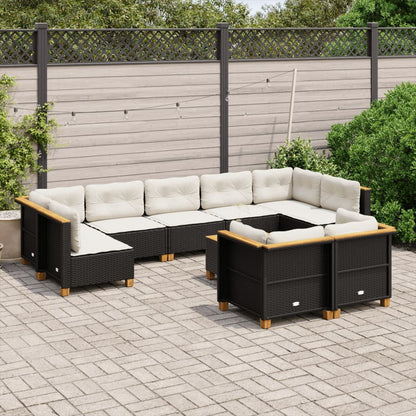 10 pcs conjunto sofás de jardim c/ almofadões vime PE preto