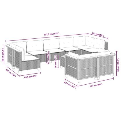 10 pcs conjunto sofás de jardim c/ almofadões vime PE cinzento
