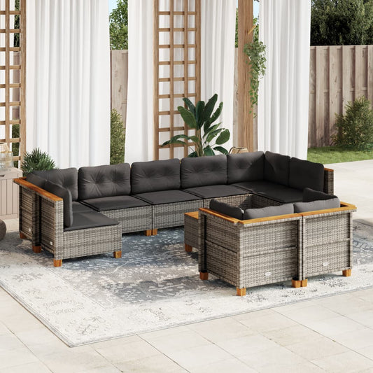 10 pcs conjunto sofás de jardim c/ almofadões vime PE cinzento
