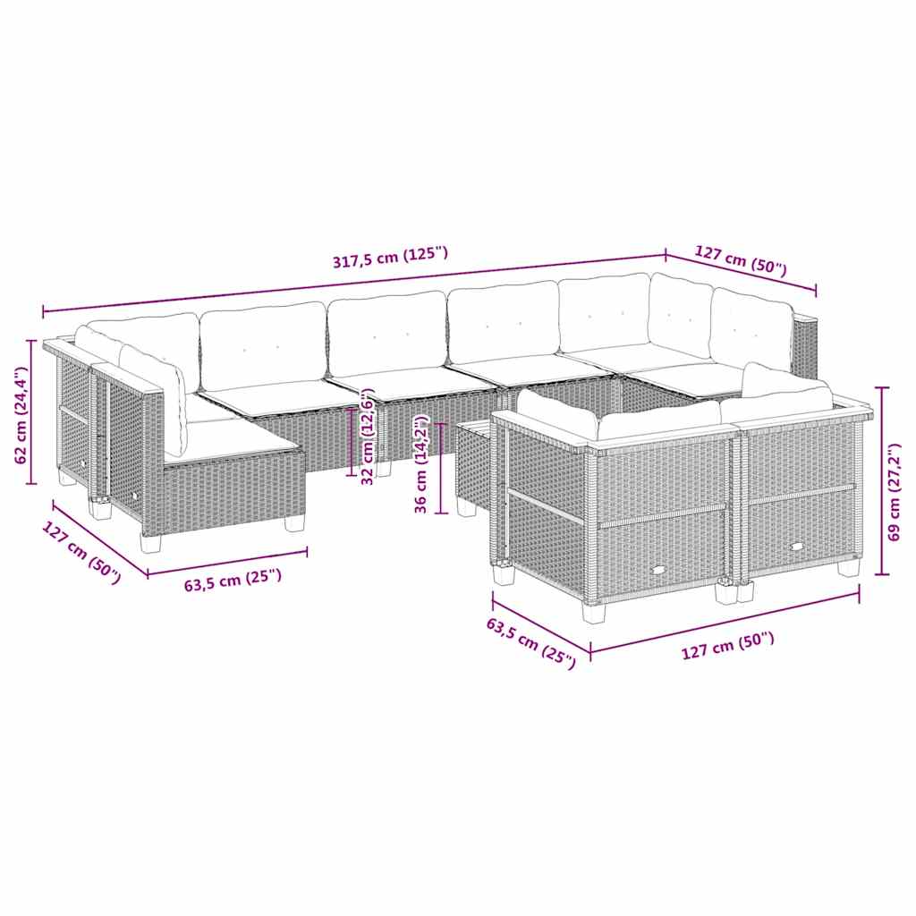 10 pcs conjunto de sofás p/ jardim com almofadões vime PE bege