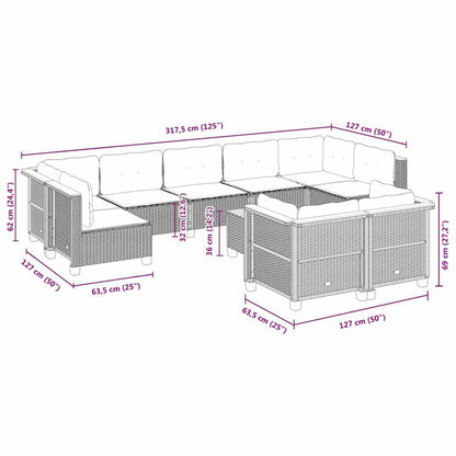 10 pcs conjunto de sofás p/ jardim com almofadões vime PE bege