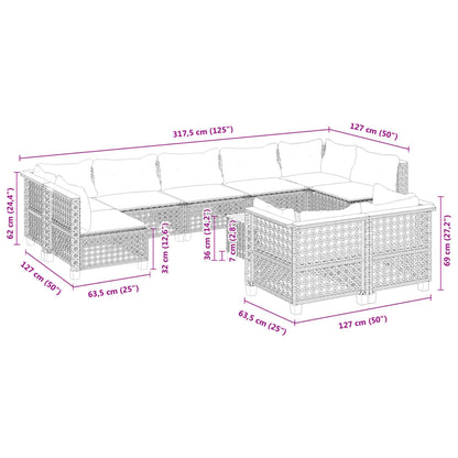 10 pcs conjunto sofás de jardim c/ almofadões vime PE preto