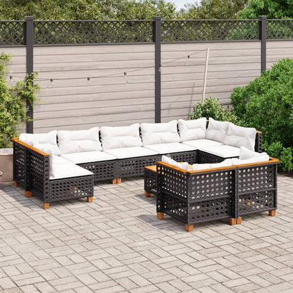 10 pcs conjunto sofás de jardim c/ almofadões vime PE preto