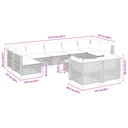 10 pcs conjunto sofás de jardim c/ almofadões vime PE cinzento