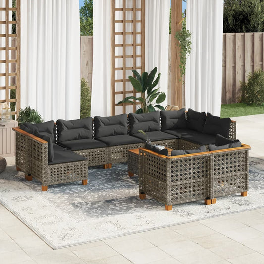10 pcs conjunto sofás de jardim c/ almofadões vime PE cinzento