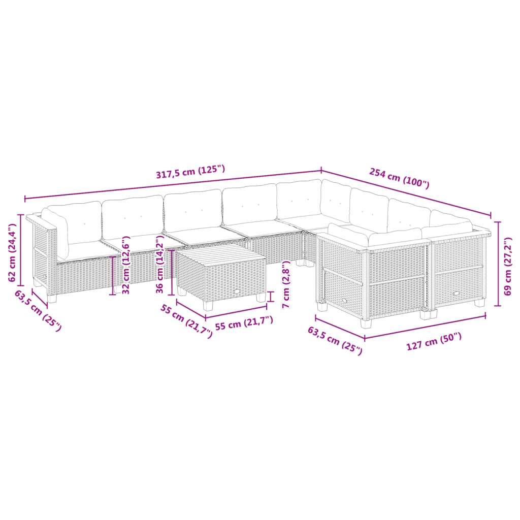 10 pcs conjunto sofás de jardim c/ almofadões vime PE preto