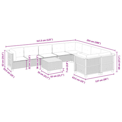 10 pcs conjunto sofás de jardim c/ almofadões vime PE preto