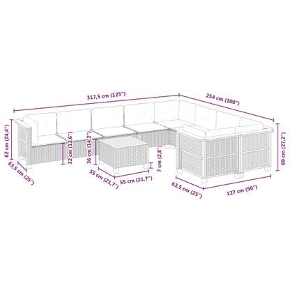 10 pcs conjunto sofás de jardim c/ almofadões vime PE cinzento