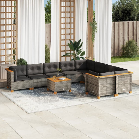 10 pcs conjunto sofás de jardim c/ almofadões vime PE cinzento
