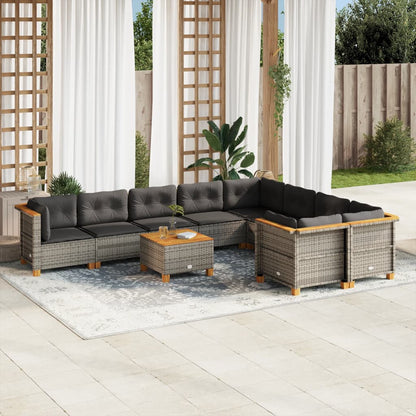10 pcs conjunto sofás de jardim c/ almofadões vime PE cinzento