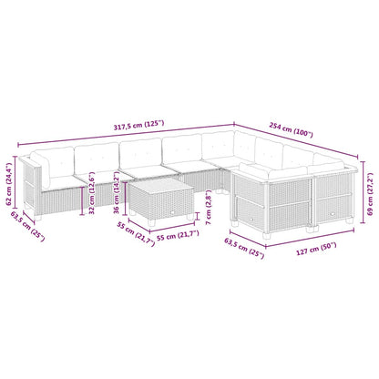 10 pcs conjunto de sofás p/ jardim com almofadões vime PE bege