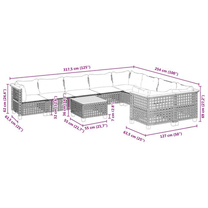 10 pcs conjunto sofás de jardim c/ almofadões vime PE preto