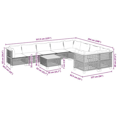 10 pcs conjunto sofás de jardim c/ almofadões vime PE cinzento