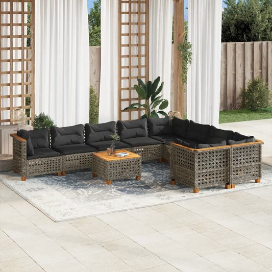 10 pcs conjunto sofás de jardim c/ almofadões vime PE cinzento