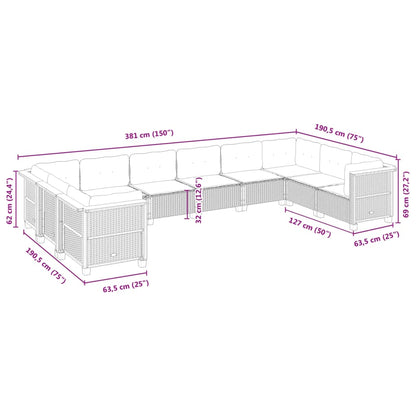 10 pcs conjunto sofás de jardim c/ almofadões vime PE cinzento