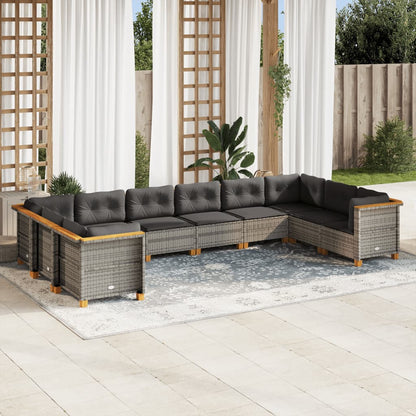 10 pcs conjunto sofás de jardim c/ almofadões vime PE cinzento
