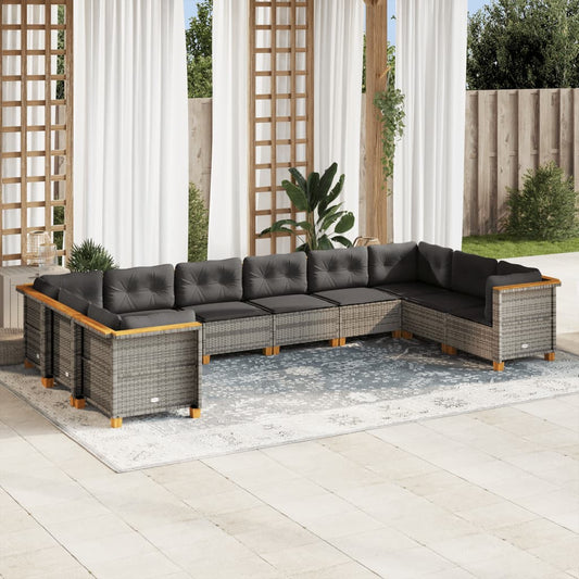 10 pcs conjunto sofás de jardim c/ almofadões vime PE cinzento
