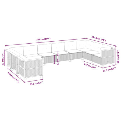 10 pcs conjunto de sofás p/ jardim com almofadões vime PE bege
