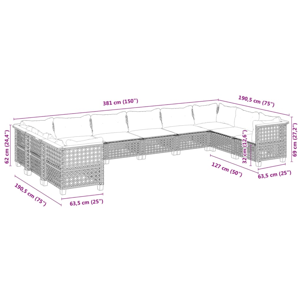 10 pcs conjunto sofás de jardim c/ almofadões vime PE preto