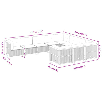 10 pcs conjunto sofás de jardim c/ almofadões vime PE cinzento
