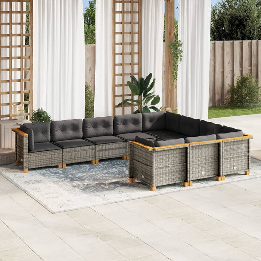 10 pcs conjunto sofás de jardim c/ almofadões vime PE cinzento