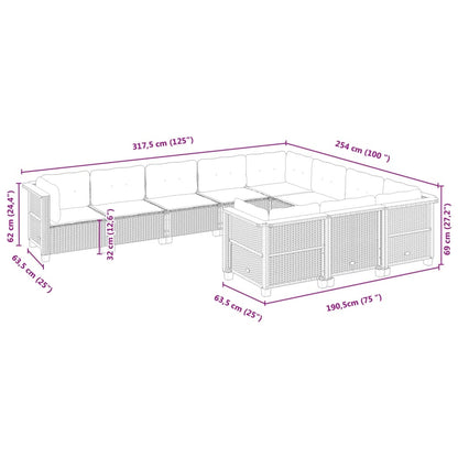 10 pcs conjunto de sofás p/ jardim com almofadões vime PE bege
