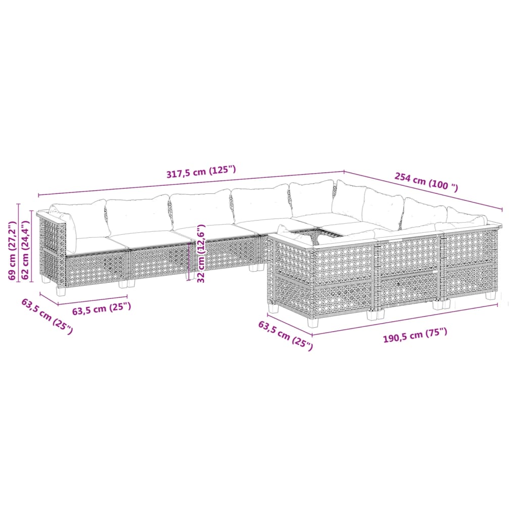 10 pcs conjunto sofás de jardim c/ almofadões vime PE preto