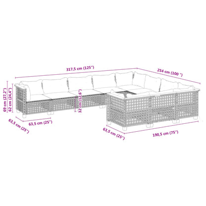 10 pcs conjunto sofás de jardim c/ almofadões vime PE cinzento