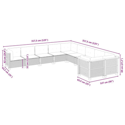 10 pcs conjunto sofás de jardim c/ almofadões vime PE preto
