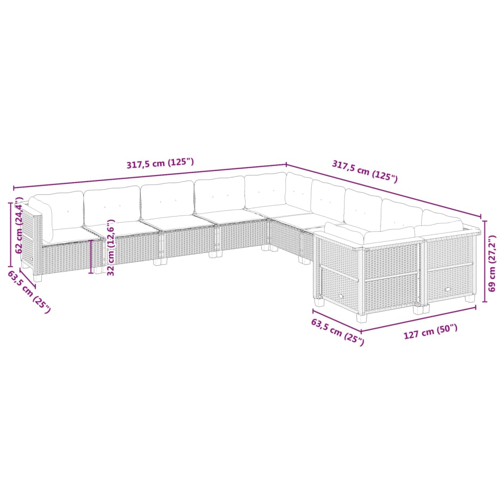 10 pcs conjunto sofás de jardim c/ almofadões vime PE cinzento