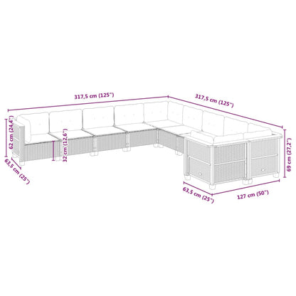 10 pcs conjunto sofás de jardim c/ almofadões vime PE cinzento