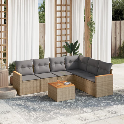 7 pcs conjunto de sofás p/ jardim com almofadões vime PE bege