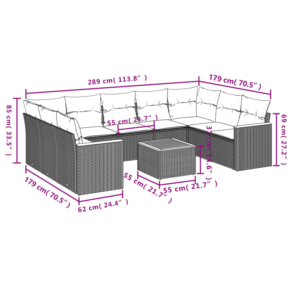 10 pcs conjunto de sofás p/ jardim com almofadões vime PE bege