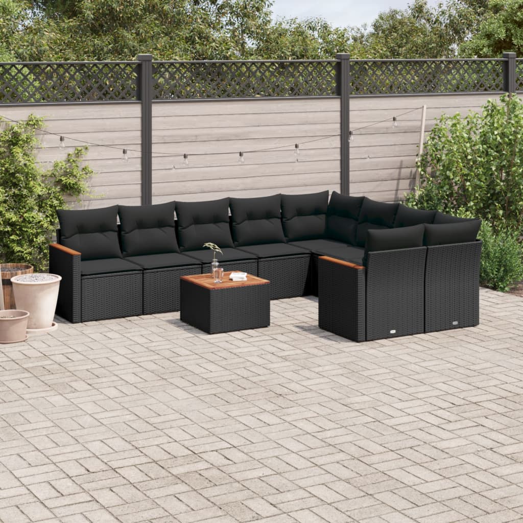 10 pcs conjunto sofás de jardim c/ almofadões vime PE preto